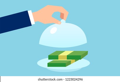 Vector Of A Business Man Opening Serve Cloche With Money. Financial Concept. 