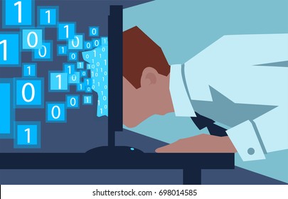Vector of a business man passing his head through a laptop screen into binary code 