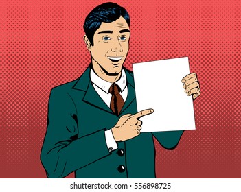 Vector business man pointing at a blank white paper sheet. Concept idea of advertisement and promo. Copyspace available. Pop art retro style illustration, halftone background