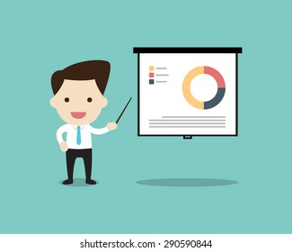 vector business man pointing at a board at a presentation in flat design