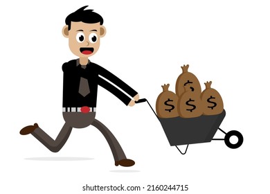 vector of a business man pushing a cart with a sack of lucky dollars. suitable for business and investment