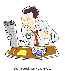 Vector of Business man reading newspaper while eating.