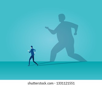 Vector of business man running away being frightened by his own shadow on blue background 