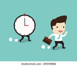 vector business man running with time in flat design