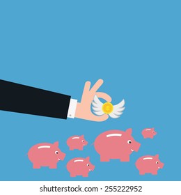 vector of business man saving money in piggy bank. concept of profit etc.