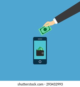 vector of business man saving money. concept of mobile banking or mobile wallet,