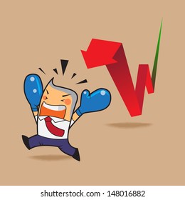 vector business man scary concept with stock market red arrow negative down, cartoon