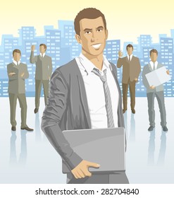 Vector business man with silhouettes of business people, with transparency shadows and city