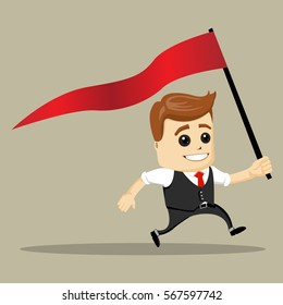 Vector business man smile and run with flag.