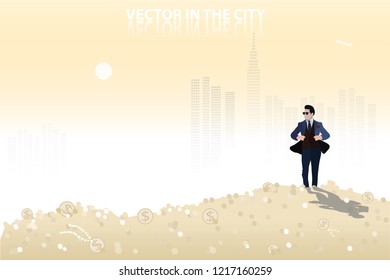 vector business man standing on a lot of money