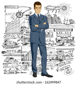 Vector business man in suit with folded hands. All layers well organized and easy to edit