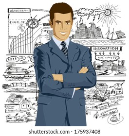 Vector business man in suit with folded hands. All layers well organized and easy to edit