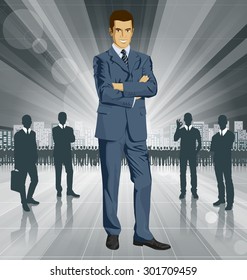 Vector business man in suit with folded hands. All layers well organized and easy to edit