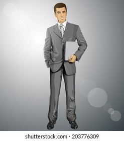 Vector business man in suit with laptop in his hands