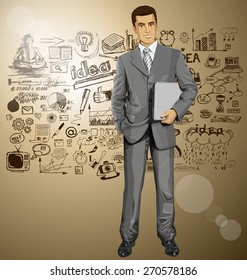 Vector business man in suit with laptop in his hands