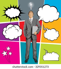 Vector business man in suit looking up, with laptop in his hands, and set of comics style speech, and thought bubbles
