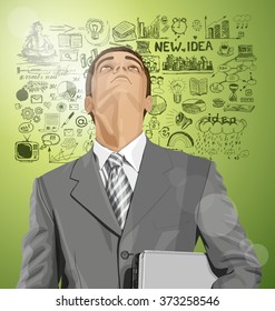 Vector business man in suit looking up, looking for idea, with laptop in his hands