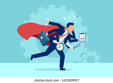 Vector Of A Business Man Super Hero Running In A Hurry Multitasking. Concept Of Very Busy Corporate Employee Lifestyle 