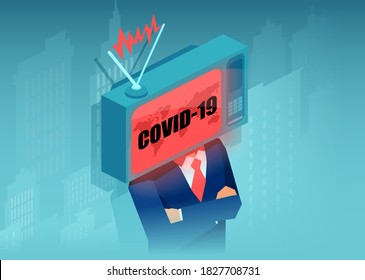 Vector de un hombre de negocios con TV en lugar de una cabeza viendo noticias de Coronavirus sin parar
