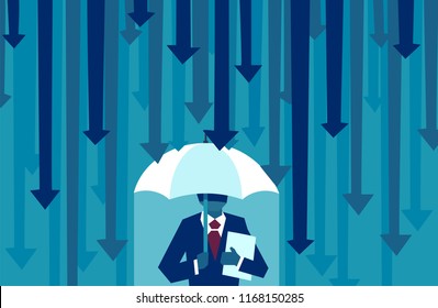 Vector of a business man with umbrella protecting himself from falling arrows as a symbol of unfavorable business environment