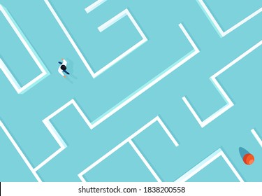 Vector of a business man walking in a complex maze towards his target