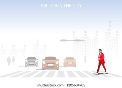 homem de negócios vetor andando na rua no fundo da cidade.