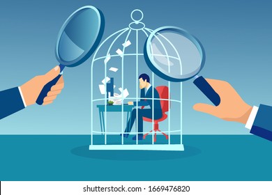 Vector of a business man working at desk trapped inside birdcage being observed by managers 