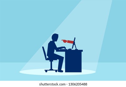Vector of a business man working on computer with red hand finger pointing at him