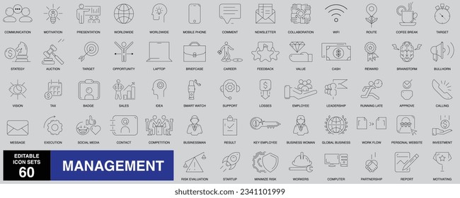 Líneas modificables de vectores, administración y dirección, conjuntos de iconos de ilustraciones de ideas de concepto.