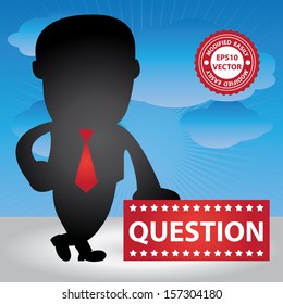 Vector : Business Management or Business Solution Concept Present By Businessman Hand On Question Banner in Blue Sky Background 
