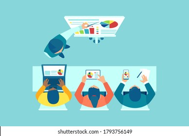 Vector of a business manager training staff, presenting financial data, strategy of a company growth