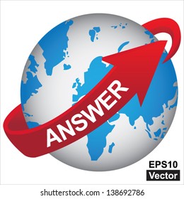 Vector : Business, Marketing or Idea Solution Concept Present By Blue Earth With Red Answer Arrow Around  Isolated on White Background