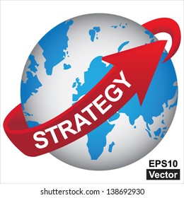 Vector : Business, Marketing or Idea Solution Concept Present By Blue Earth With Red Strategy Arrow Around Isolated on White Background