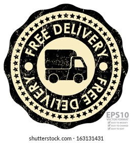 Vector : Business or Marketing Material For Promotional Sale or Marketing Campaign Present By Black Grunge Style Free Delivery Sticker or Icon With Truck or Lorry Sign Isolated on White Background 