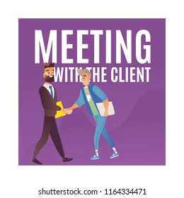 Vector business meeting with client with man in suit and male character in casual clothing shaking hands. Friendly communication and cooperation concept.