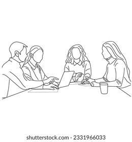 Vector business meeting discussion between worker in cafe round table cartoon Line art.