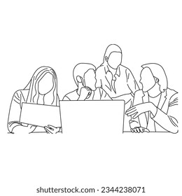 Geschäftsgespräch zwischen ArbeiterInnen in Café runden Tisch Cartoon Line Kunst. Business Training und Präsentation Konzept. fortlaufende Zeichnung der Büroangestellten bei der Geschäftstagung