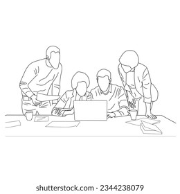 Geschäftsgespräch zwischen ArbeiterInnen in Café runden Tisch Cartoon Line Kunst. Business Training und Präsentation Konzept. fortlaufende Zeichnung der Büroangestellten bei der Geschäftstagung
