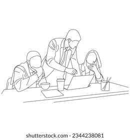Debate de reunión de negocios de vectores entre trabajadores en la mesa redonda de café dibujos animados en línea. Concepto de formación y presentación de empresas. dibujo en línea continua de los trabajadores de oficina en la reunión de negocios