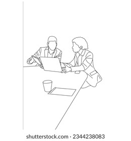 Debate de reunión de negocios de vectores entre trabajadores en la mesa redonda de café dibujos animados en línea. Concepto de formación y presentación de empresas. dibujo en línea continua de los trabajadores de oficina en la reunión de negocios