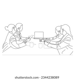 Vector business meeting discussion between worker in cafe round table cartoon Line art. Business training and presentation concept. continuous line drawing of office workers at business meeting