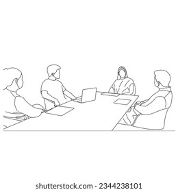 Vector business meeting discussion between worker in cafe round table cartoon Line art. Business training and presentation concept. continuous line drawing of office workers at business meeting