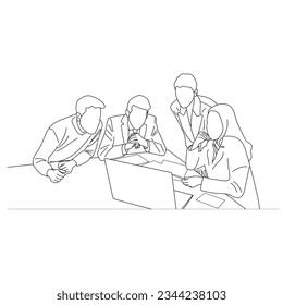 Vector business meeting discussion between worker in cafe round table cartoon Line art. Business training and presentation concept. continuous line drawing of office workers at business meeting