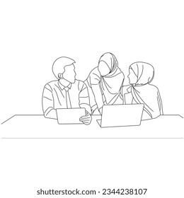 Vector business meeting discussion between worker in cafe round table cartoon Line art. Business training and presentation concept. continuous line drawing of office workers at business meeting