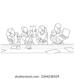 Vector business meeting discussion between worker in cafe round table cartoon Line art. Business training and presentation concept. continuous line drawing of office workers at business meeting