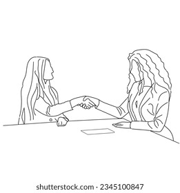 Vector business meeting discussion between worker in cafe round table cartoon Line art. Handshake two female.
