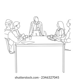 Vector business meeting discussion between worker in cafe round table cartoon Line art. Business training and presentation concept. continuous line drawing of office workers at business meeting
