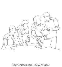 Vector business meeting discussion between workers in cafe round table cartoon Line art