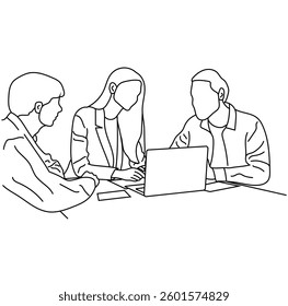 Vector business meeting discussion between workers in cafe round table cartoon Line art. Business training and presentation concept. continuous line drawing of office workers at business meeting