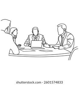 Vector business meeting discussion between workers in cafe round table cartoon Line art. Business training and presentation concept. continuous line drawing of office workers at business meeting